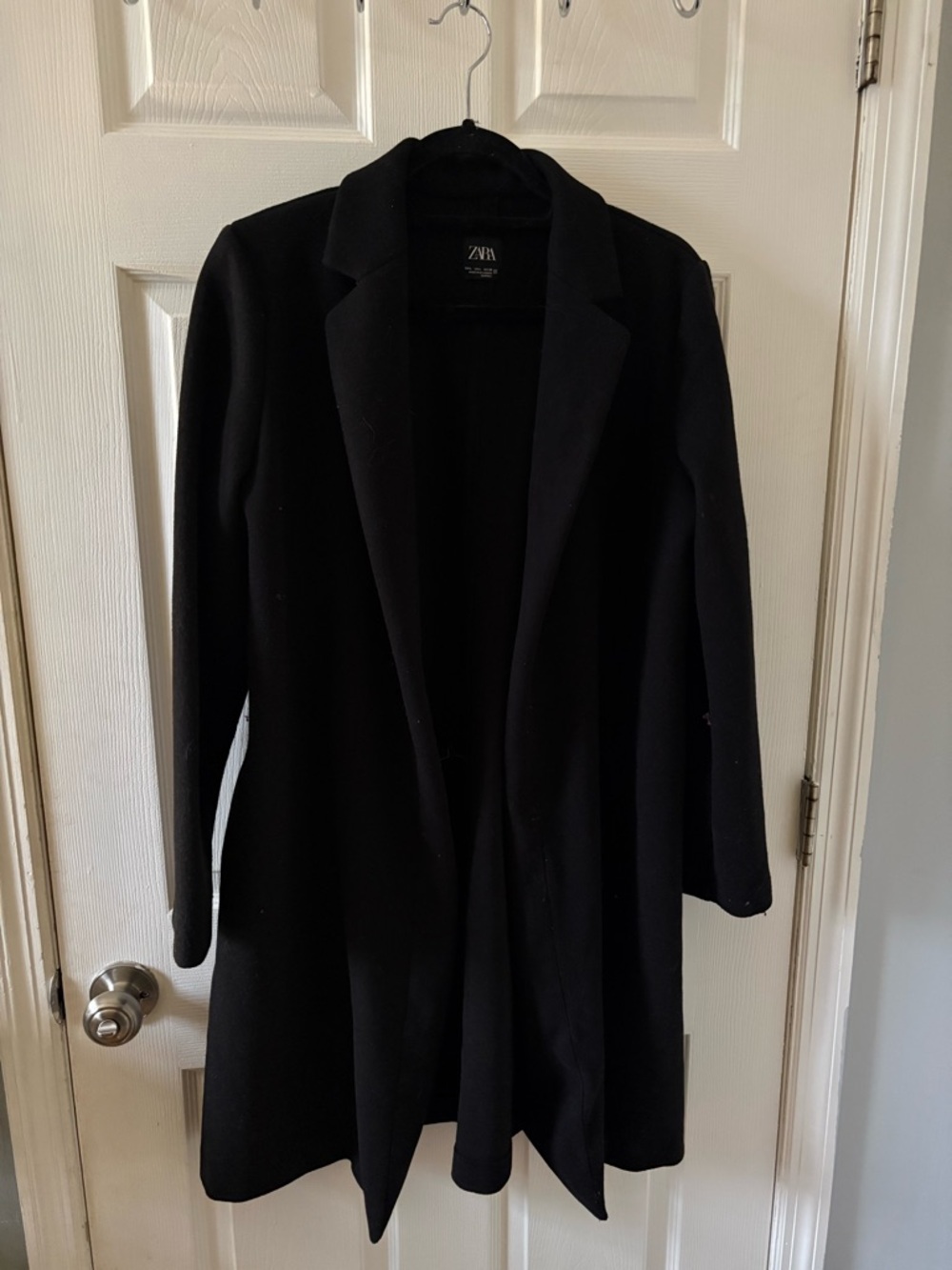 Zara Black Wool-Blend Long Coat with Notch Lapel